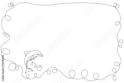 Line Art Dolphin Fish Frame. One Continuous Line Drawn Border Isolated on White. Minimalist Black and White Doodle Sketch Illustration. Advertising Letter Blank Page Template. Editable Vector Symbol