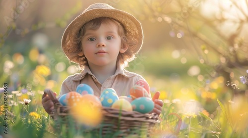 Easter holiday celebration banner greeting card - Closeup of young boy child standing in a meadow, holding a basket with painted easter eggs © Avanda1988