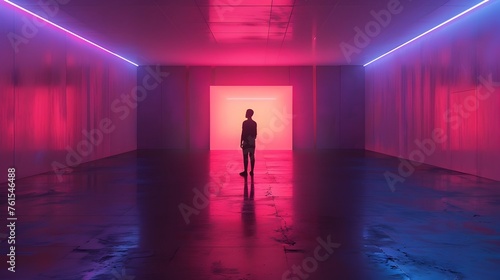 Lone figure standing in pink and blue neon room - A person stands still  encapsulated by the hauntingly beautiful pink and blue neon ambiance of the room