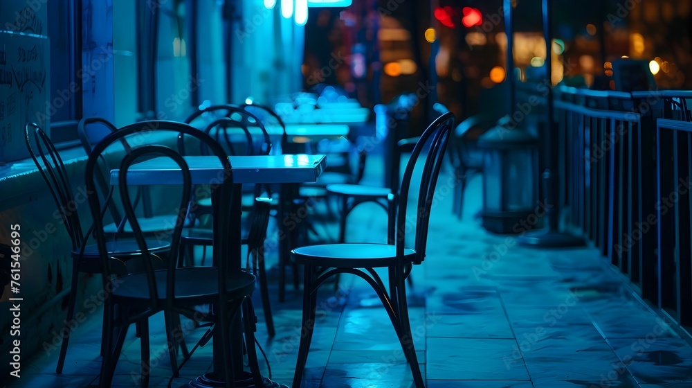 Outdoor cafe scene with blue neon lighting - Sidewalk cafe setting at night with empty chairs and tables illuminated by a deep blue neon glow, creating a moody atmosphere