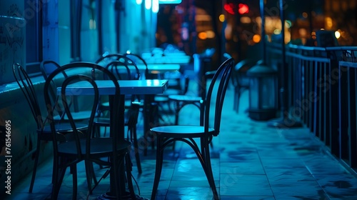 Outdoor cafe scene with blue neon lighting - Sidewalk cafe setting at night with empty chairs and tables illuminated by a deep blue neon glow, creating a moody atmosphere