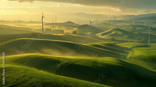 Majestic wind turbines on rolling green hills - Wind turbines dominate the horizon among the undulating hills in this surreal landscape showcasing renewable energy and natural beauty