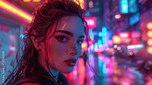 Digital artwork of a young woman in a rain-drenched cyberpunk city with vivid neon reflections