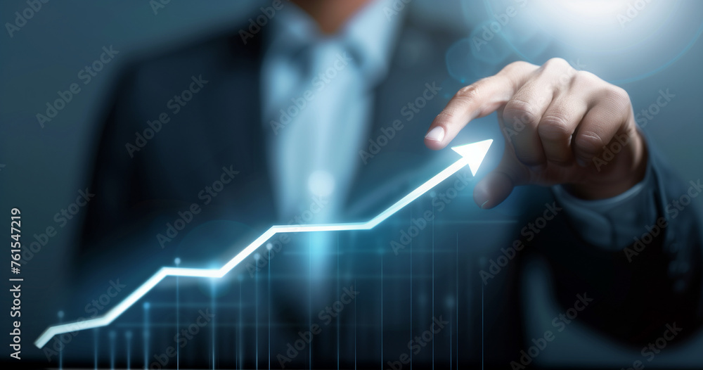 Businessman Interacting with Glowing Growth Arrow on Virtual Screen. Development and growth concept. Businessman Interacting with Glowing Growth Arrow on Virtual Screen. Development and growth concept.