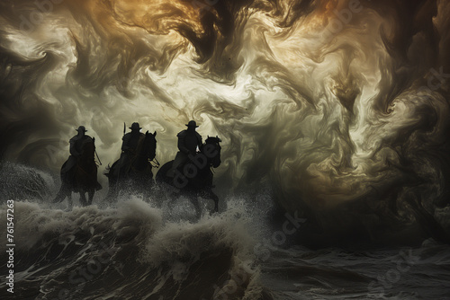 four horsemen silhouetted against a backdrop of swirling storms and crashing waves, heralding the end of days with dread and foreboding,