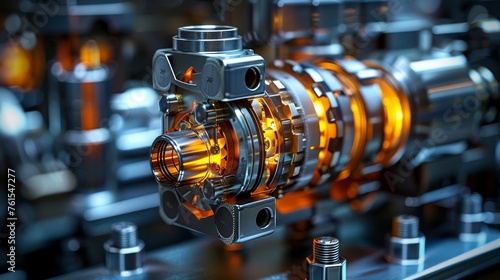 Close-up of a complex industrial machine part with glowing elements, highlighting precision engineering and advanced manufacturing processes.