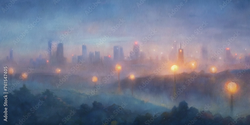 Digital painting of a city in a foggy morning. Panoramic view.