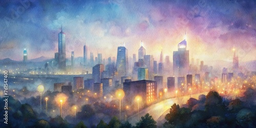 Digital painting of a modern city in the fog. Digital painting on canvas.