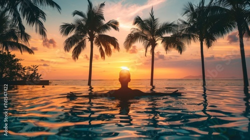 man lying in a pool on his back at sunset on a beautiful paradisiacal beach in high resolution and high quality. vacation beach concept