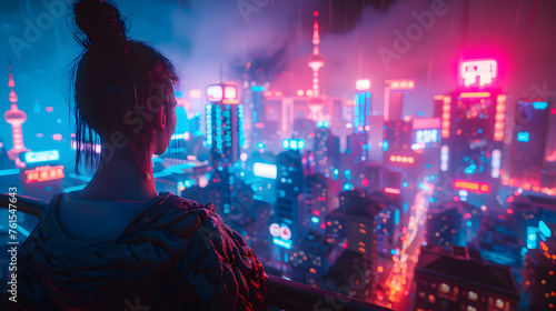 The back of a woman's head is foregrounded against a vibrant, neon-lit city skyline that suggests a high-energy, nocturnal world