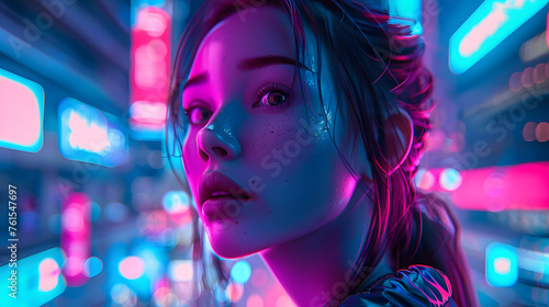 An immersive image of a woman with glowing speckles on her face surrounded by neon lights in a night setting