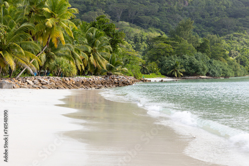 Beautiful view of the Indian Ocean and the beach. Republic of Seychelles, Mahe Island. Selective focus.