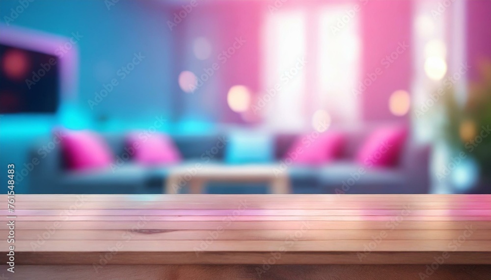 Close up modern living room with table room with a table, neon light background with light pink blue lights neon, Wood table with blurred modern apartment interior background, 