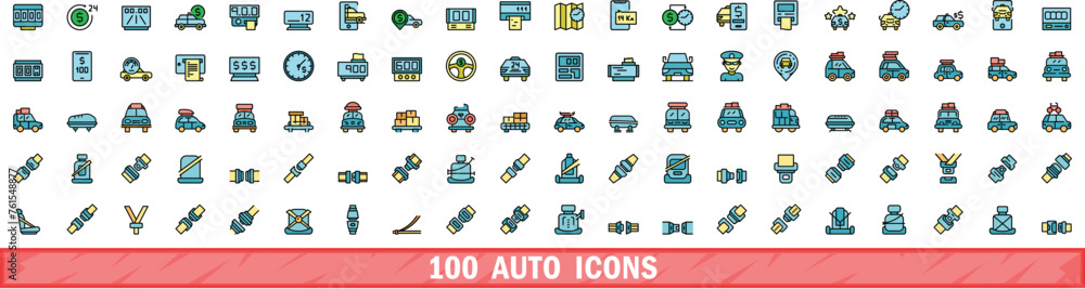 100 auto icons set. Color line set of auto vector icons thin line color flat on white 100 auto icons set. Color line set of auto vector icons thin line color flat on white