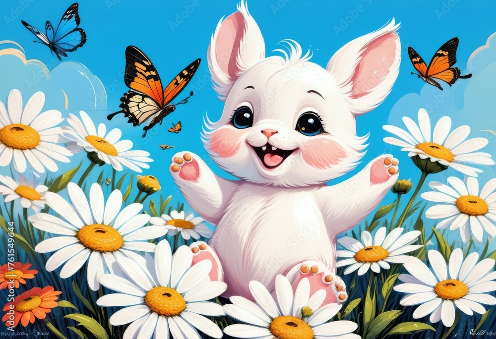 Fototapeta premium happy animal in a field of daisies.