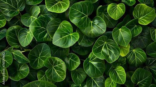 Closeup green leaves of tropical plant in garden. Dense green leaf with beauty pattern texture background. Green leaves for spa banner background. Green wallpaper. Top view ornamental plant in garden.