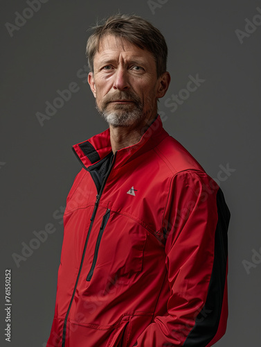 An older man poses with an assured expression in a red sports jacket against a neutral tone