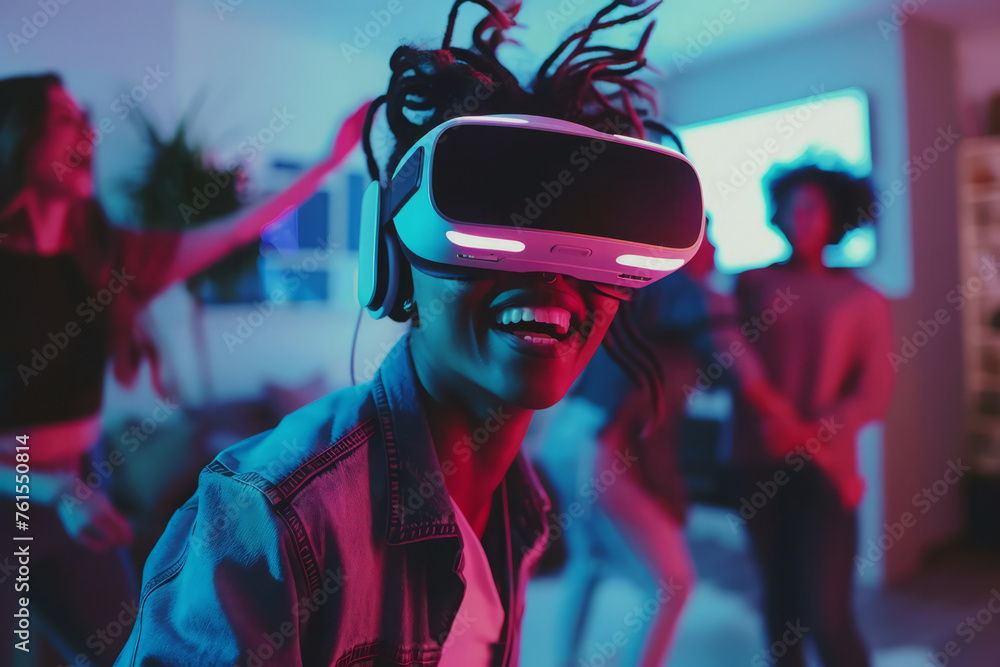 Woman with VR glasses is immersed in virtual experience, gesturing excitedly as her friends have fun in living room. Home party in modern apartment Woman with VR glasses is immersed in virtual experience, gesturing excitedly as her friends have fun in living room. Home party in modern apartment