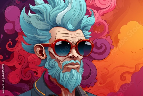 An artistic portrayal of a figure with obscured face, featuring blue hair and red glasses amidst swirling patterns. 