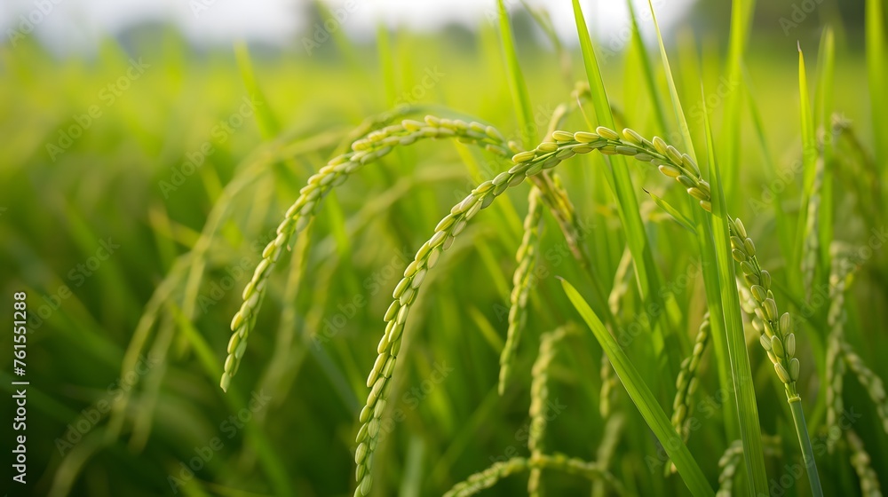 Selective focus on ear of rice. Green paddy field. Rice plantation. Organic rice farm in Asia. Rice price in the world market concept. Beautiful nature of farm land. Paddy field. Plant cultivation. Selective focus on ear of rice. Green paddy field. Rice plantation. Organic rice farm in Asia. Rice price in the world market concept. Beautiful nature of farm land. Paddy field. Plant cultivation.