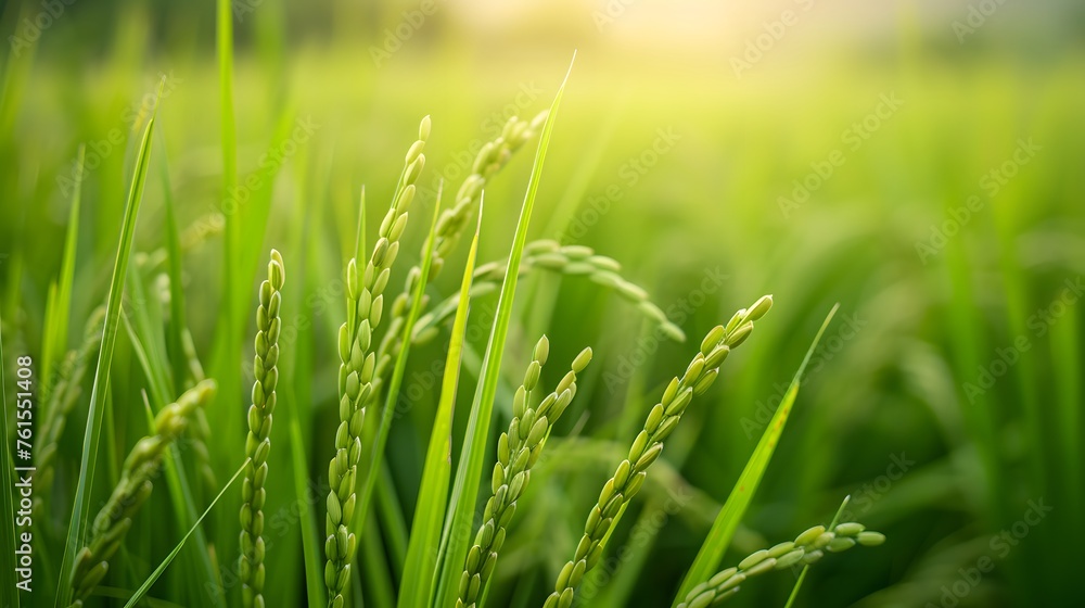Selective focus on ear of rice. Green paddy field. Rice plantation. Organic rice farm in Asia. Rice price in the world market concept. Beautiful nature of farm land. Paddy field. Plant cultivation. Selective focus on ear of rice. Green paddy field. Rice plantation. Organic rice farm in Asia. Rice price in the world market concept. Beautiful nature of farm land. Paddy field. Plant cultivation.
