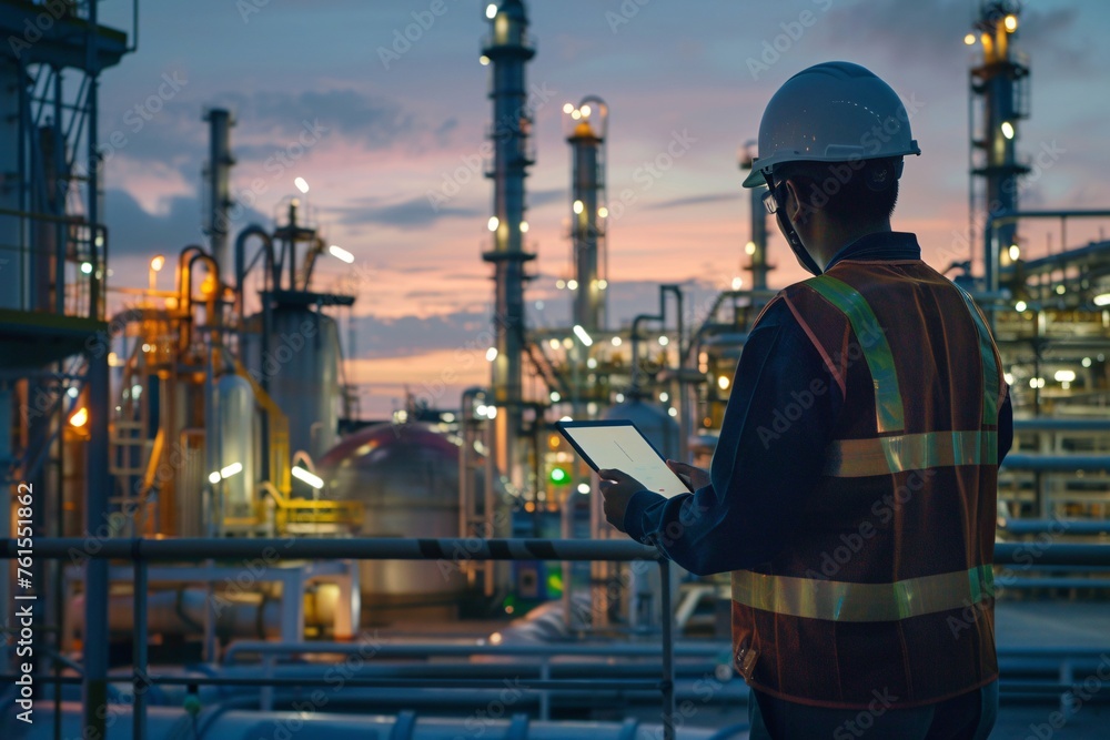 Industrial tech master overseeing with a white safety helmet in front of an oil refinery. Petrochemical gas industry zone. Oil storage tanks and pipelines. Worker in the refinery. ai generative Industrial tech master overseeing with a white safety helmet in front of an oil refinery. Petrochemical gas industry zone. Oil storage tanks and pipelines. Worker in the refinery. ai generative