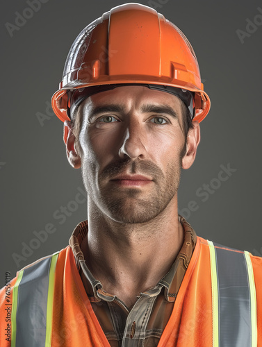 A close-up shot of a construction worker in an orange safety helmet and reflective vest against a grey background photo