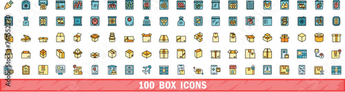 100 box icons set. Color line set of box vector icons thin line color flat on white