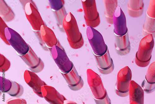 Circle of Lipsticks on Purple Background Cosmetics Conceptual Still Life with Various Shades and Colors photo
