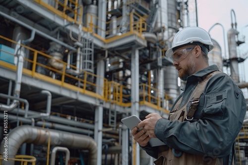 Industrial tech master overseeing with a white safety helmet in front of an oil refinery. Petrochemical gas industry zone. Oil storage tanks and pipelines. Worker in the refinery. ai generative