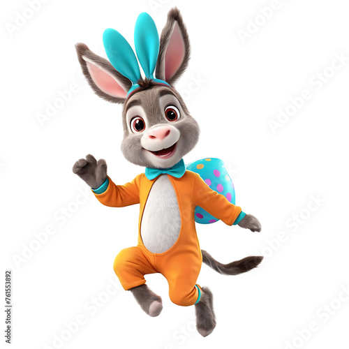 Cute Donkey Plush Toy Wearing Easter Bunny Costume: Happy, Jumping, Playing, Running. Isolated on Transparent or White Background. PNG Clipart