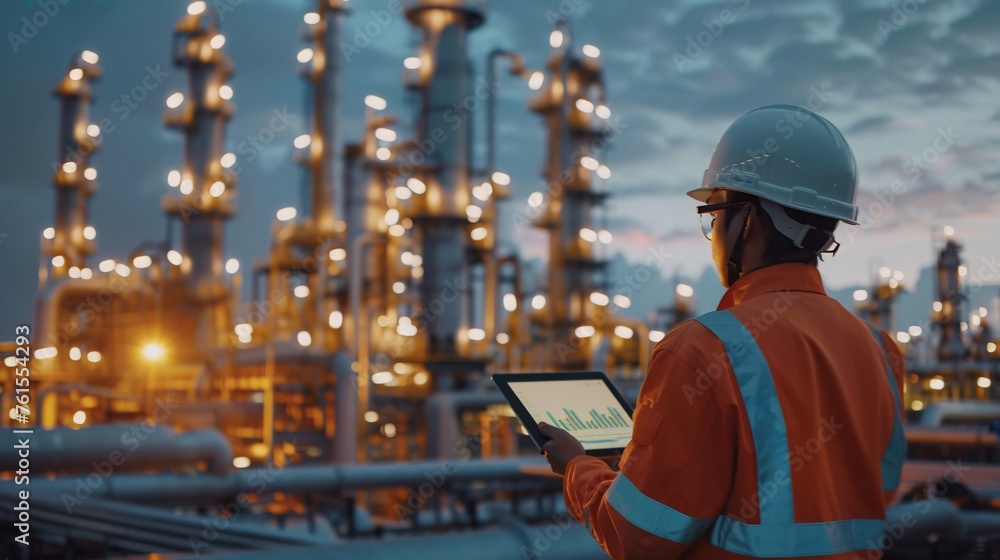 Industrial tech master overseeing with a white safety helmet in front of an oil refinery. Petrochemical gas industry zone. Oil storage tanks and pipelines. Worker in the refinery. ai generative Industrial tech master overseeing with a white safety helmet in front of an oil refinery. Petrochemical gas industry zone. Oil storage tanks and pipelines. Worker in the refinery. ai generative