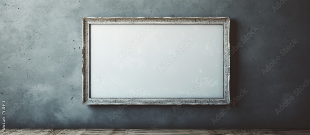 A rectangle, wood picture frame with grey tints and shades is hanging on a wall in a room. The fixture holds a glass panel, a transparent material, displaying visual arts for an event A rectangle, wood picture frame with grey tints and shades is hanging on a wall in a room. The fixture holds a glass panel, a transparent material, displaying visual arts for an event