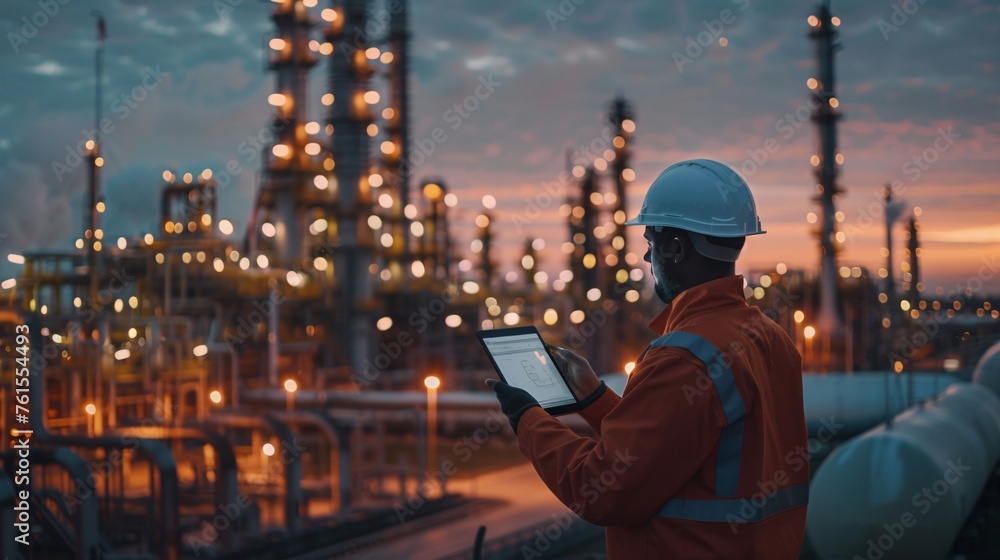 Industrial tech master overseeing with a white safety helmet in front of an oil refinery. Petrochemical gas industry zone. Oil storage tanks and pipelines. Worker in the refinery. ai generative Industrial tech master overseeing with a white safety helmet in front of an oil refinery. Petrochemical gas industry zone. Oil storage tanks and pipelines. Worker in the refinery. ai generative