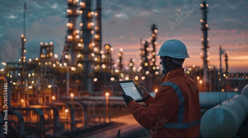 Industrial tech master overseeing with a white safety helmet in front of an oil refinery. Petrochemical gas industry zone. Oil storage tanks and pipelines. Worker in the refinery. ai generative