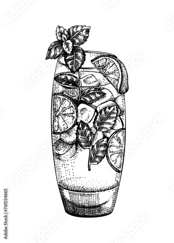 Mojito mocktail sketch. Virgin mojito hand-drawn vector illustration. Non-alcoholic cocktail with lime and mint drawing in engraved style. Bar menu design element. NOT AI-generated
