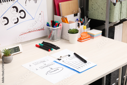 Business process planning and optimization. Workplace with plan, notebook and stationery on white wooden table