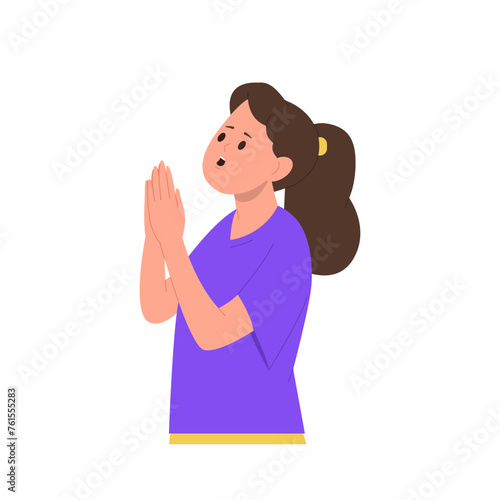 Little cute girl cartoon characters praying looking up asking god about fulfillment of desires
