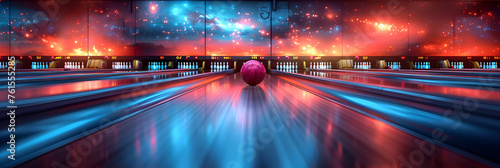 Vibrant Neon Lights of a Bowling Alley Creating Atmosphere, Arafed bowling ball on a bowling alley with motion blurry