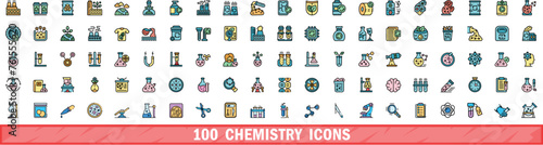 100 chemistry icons set. Color line set of chemistry vector icons thin line color flat on white