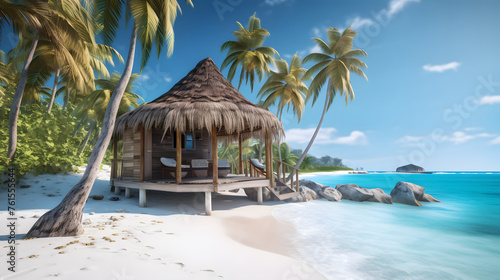 Beautiful wooden hut on beach with turquoise water and palm trees. Summer holiday concept.  © Creative Photo Focus