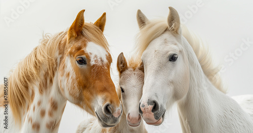 Equine Family Bonds Document heartwarming moments between horse families, from mares and foals to stallions and their offspring, against a minimalist white canvas Image generated by AI