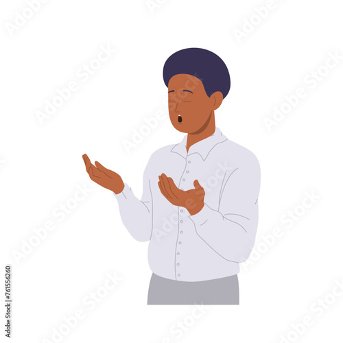 Isolated man cartoon character praying with palms facing up showing earnest reverence to god