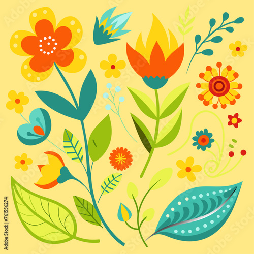 Floral background with flowers and leaves. Hand drawn vector illustration.