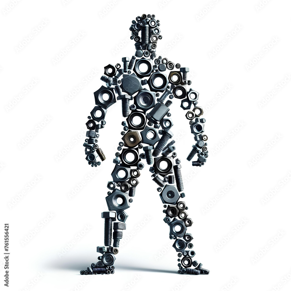 silhouette of man made of bolts and nuts isolated on white background silhouette of man made of bolts and nuts isolated on white background
