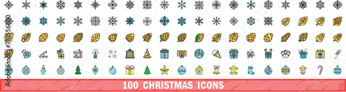 100 christmas icons set. Color line set of christmas vector icons thin line color flat on white