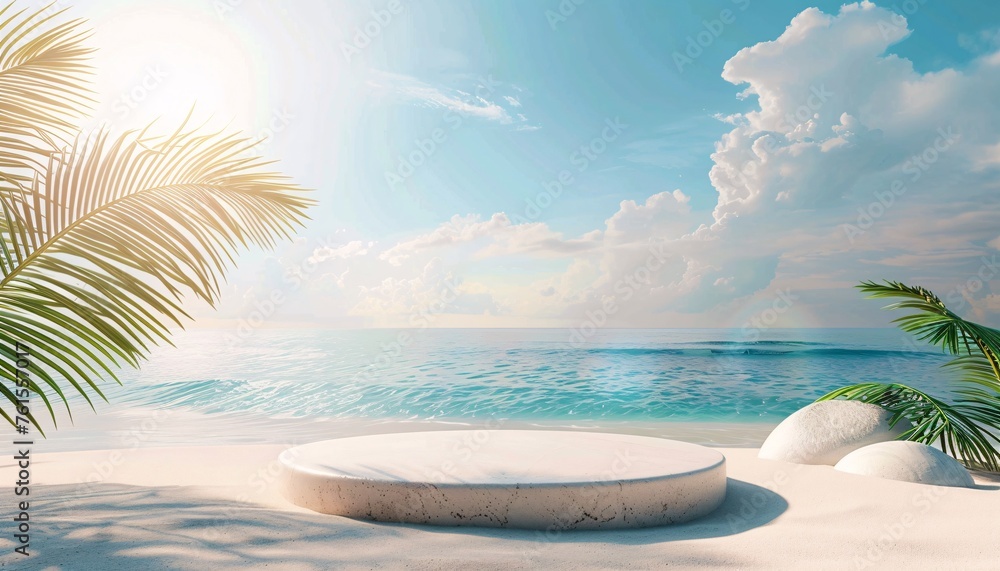 beach podium concept, Summer sand and tropical sea background with abstract stone podium, empty podium stages for new product presentation, ai generative - obrazy, fototapety, plakaty 