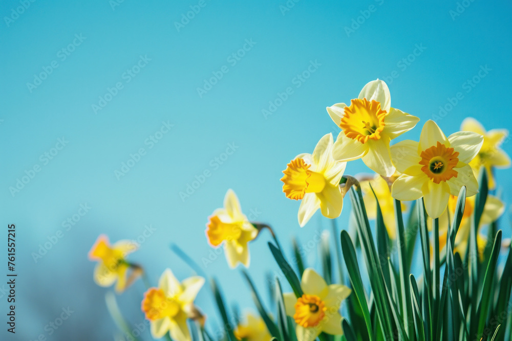 Beautiful Yellow Daffodils Blooming in a Field under a Clear Blue Sky on a Sunny Day