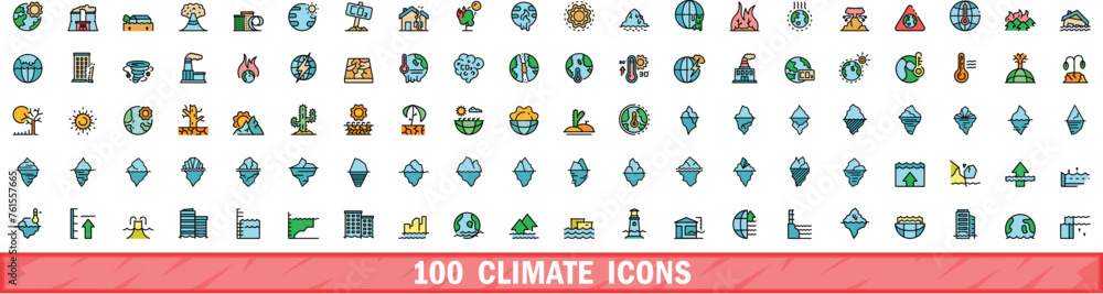 100 climate icons set. Color line set of climate vector icons thin line color flat on white