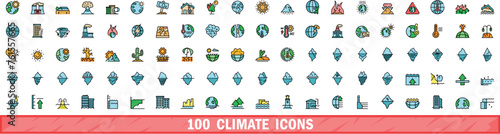 100 climate icons set. Color line set of climate vector icons thin line color flat on white